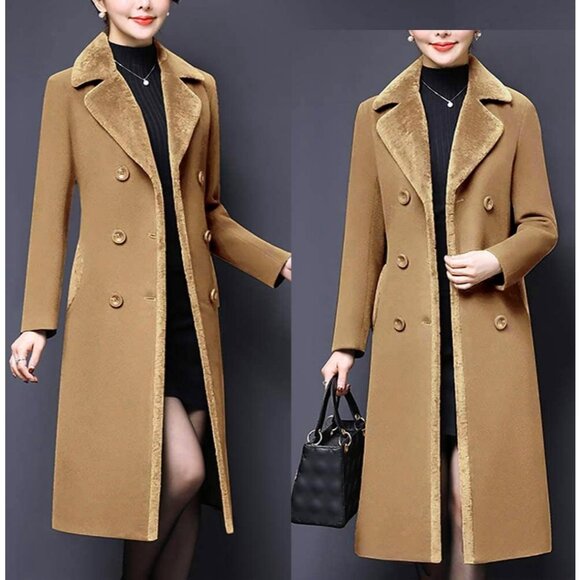 Women's Fur Collar Wool Coats Double Breasted Long Peacoat Jackets Camel - Picture 4 of 4